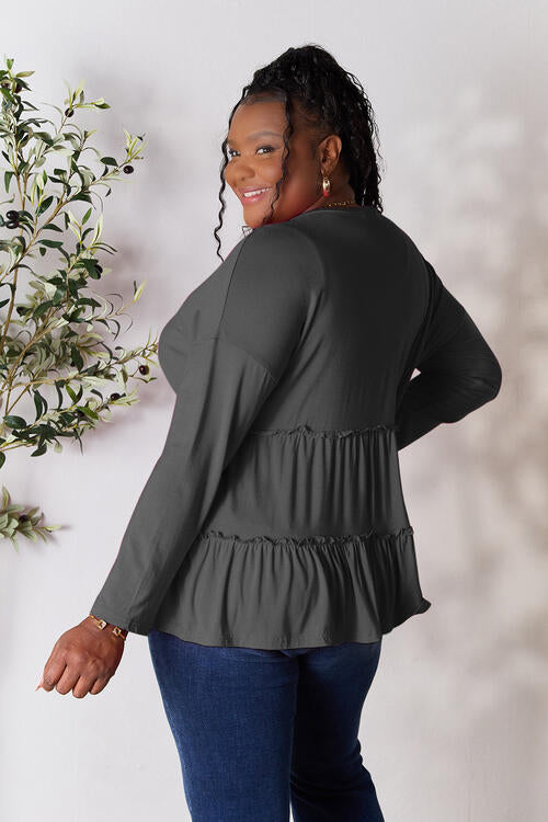 Double Take Half Button Long Sleeve Ruffle Hem Blouse Shop One Place