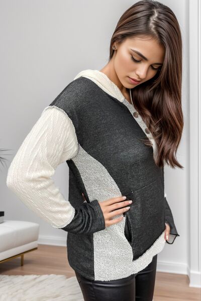 Pocketed Color Block Half Button Hoodie Shop One Place