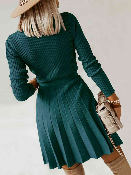 Surplice Neck Tie Front Pleated Sweater Dress Shop One Place
