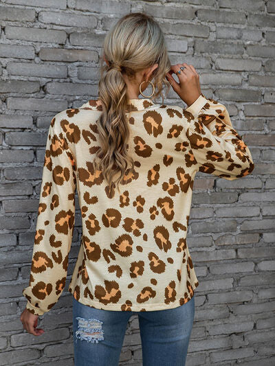 Leopard V-Neck Decorative Button Long Sleeve Blouse Shop One Place
