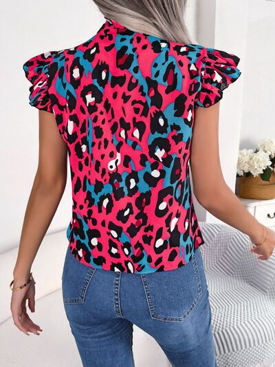 Leopard Tie Neck Cap Sleeve Blouse Shop One Place