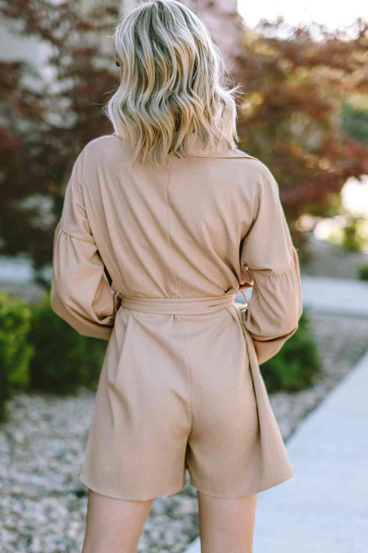 Tie Front Button Up Collared Neck Rompers Shop One Place