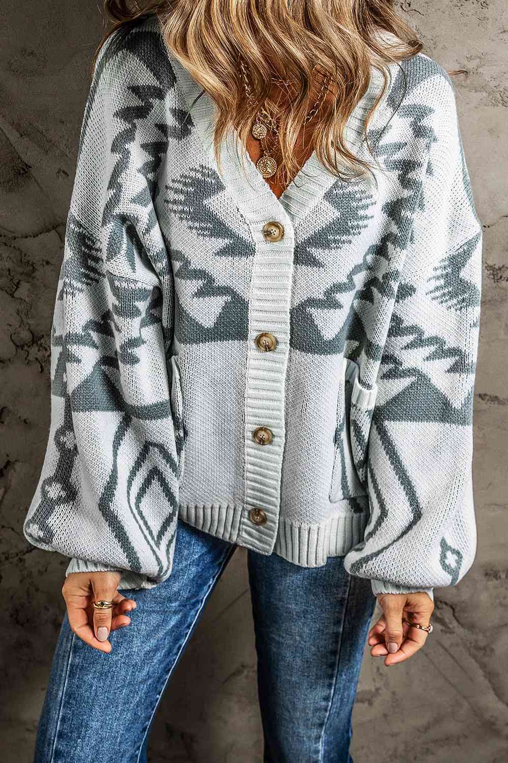 Printed Button Up V-Neck Long Sleeve Cardigan Shop One Place