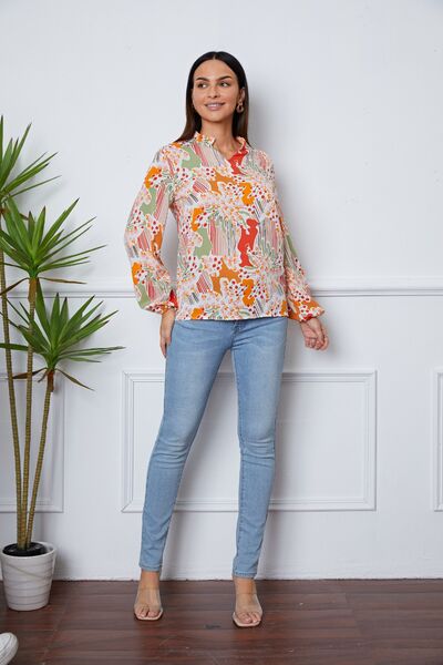 Floral Frill Notched Long Sleeve Blouse Shop One Place