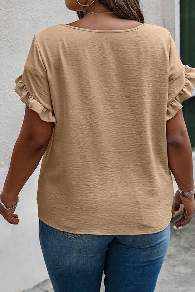 Plus Size Ruffled Petal Sleeve Round Neck T-Shirt Shop One Place