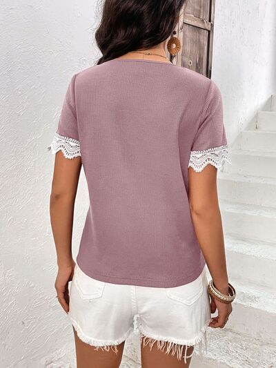 Lace Detail V-Neck Short Sleeve T-Shirt Shop One Place
