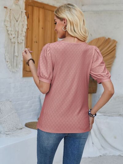 Eyelet Asymmetrical Neck Short Sleeve T-Shirt Shop One Place