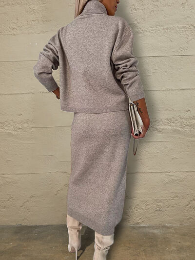 Turtleneck Dropped Shoulder Sweater and Midi Dress Sweater Set Shop One Place