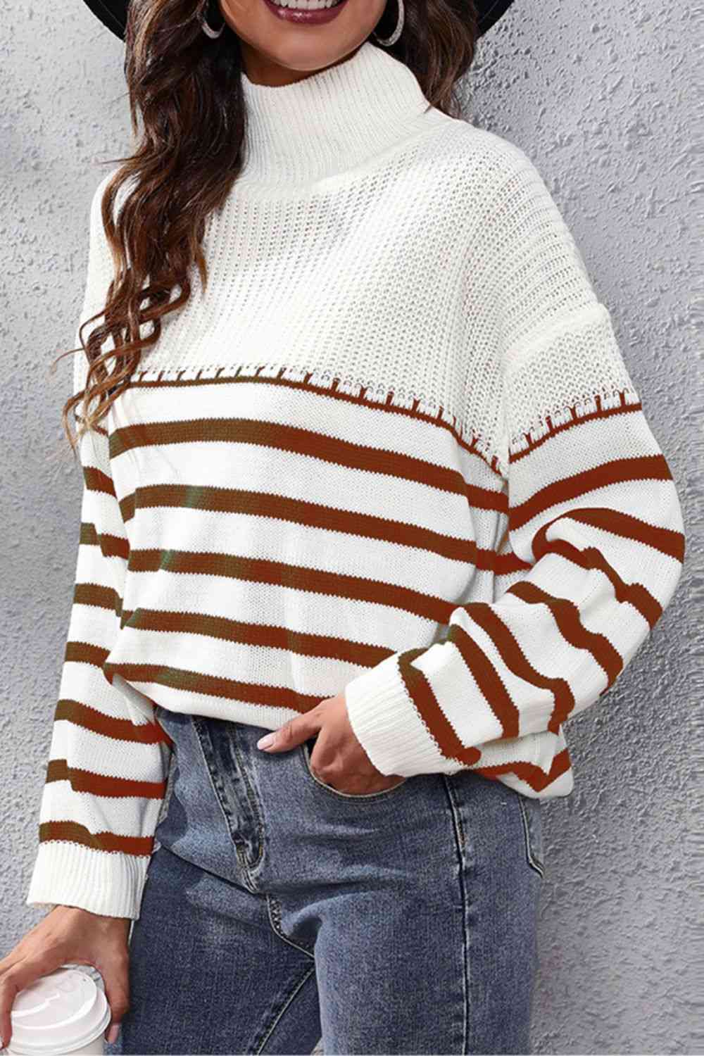 Striped Turtleneck Drop Shoulder Sweater Shop One Place