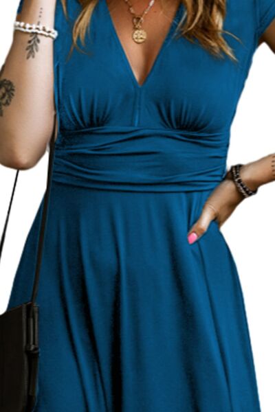 Smocked V-Neck Cap Sleeve Dress Shop One Place