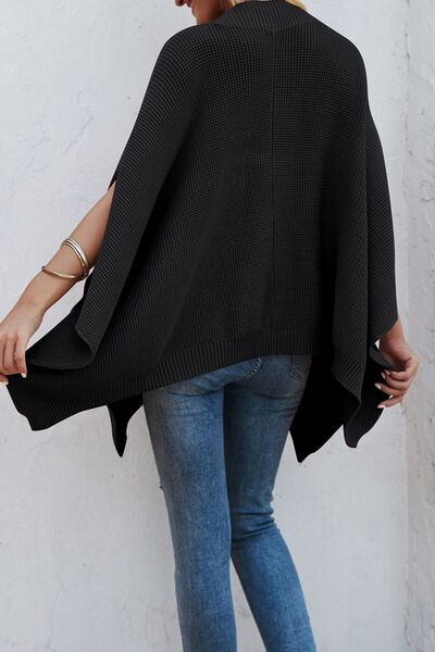 Waffle-Knit Pocketed Cape Sleeve Sweater Shop One Place