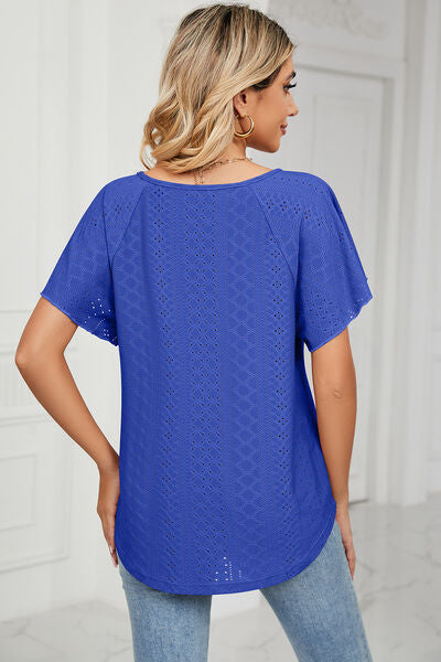 Eyelet Tie Neck Flutter Sleeve Blouse Shop One Place