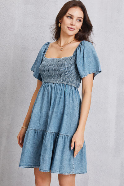 Smocked Square Neck Mini Denim Dress Shop One Place