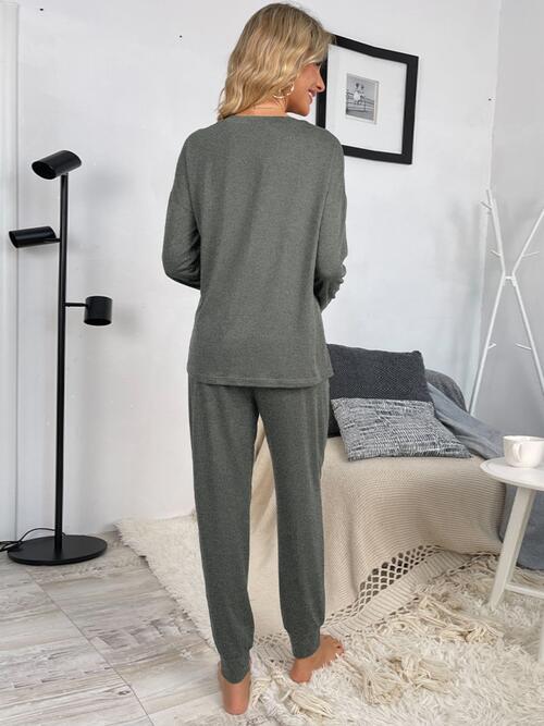 Round Neck Top and Drawstring Pants Lounge Set Shop One Place