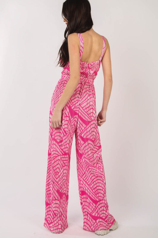 VERY J Printed Pleated Sleeveless Wide Leg Jumpsuit Shop One Place