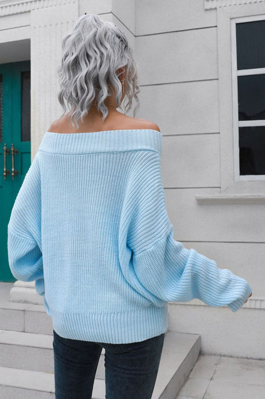 Off-Shoulder Ribbed Long Sleeve Pullover Sweater Shop One Place