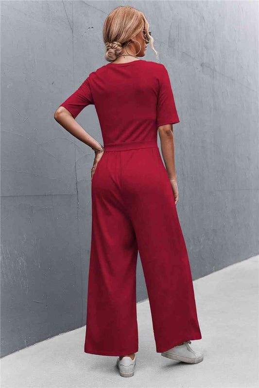 Scoop Neck Half Sleeve Wide Leg Jumpsuit Shop One Place