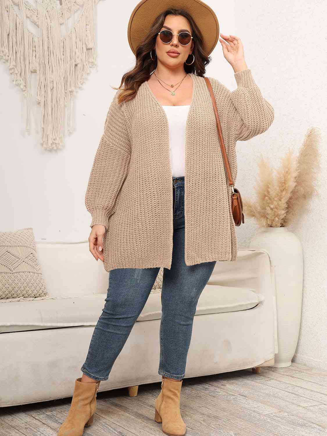 Plus Size Open Front Dropped Shoulder Knit Cardigan Shop One Place