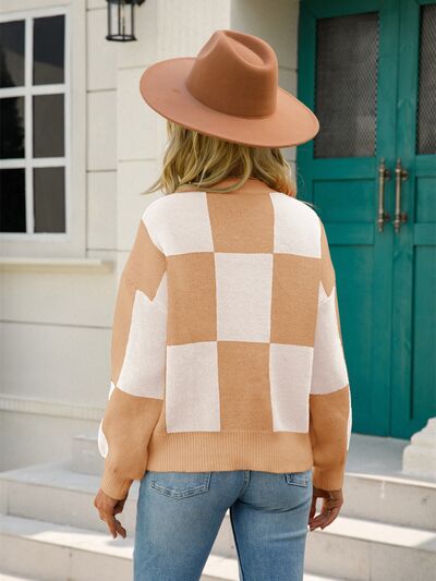 Checkered Round Neck Dropped Shoulder Sweater Shop One Place