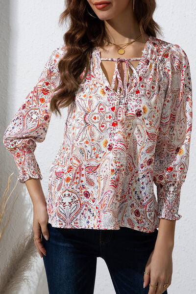 Printed Tie Neck Long Sleeve Blouse Shop One Place