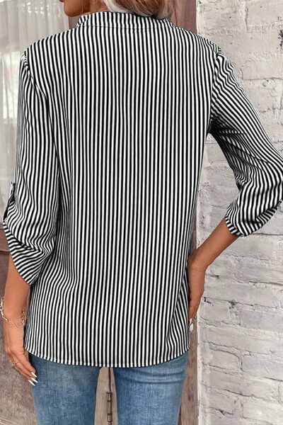 Striped Notched Roll-Tab Sleeve Shirt Shop One Place