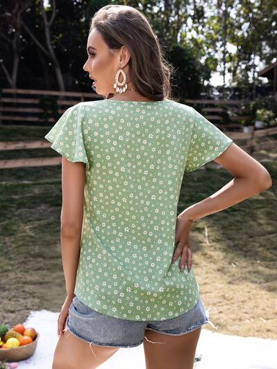 Ruffled Floral Tie Neck Short Sleeve Blouse Shop One Place
