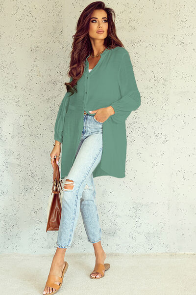 Notched Button Up Balloon Sleeve Longline Top Shop One Place