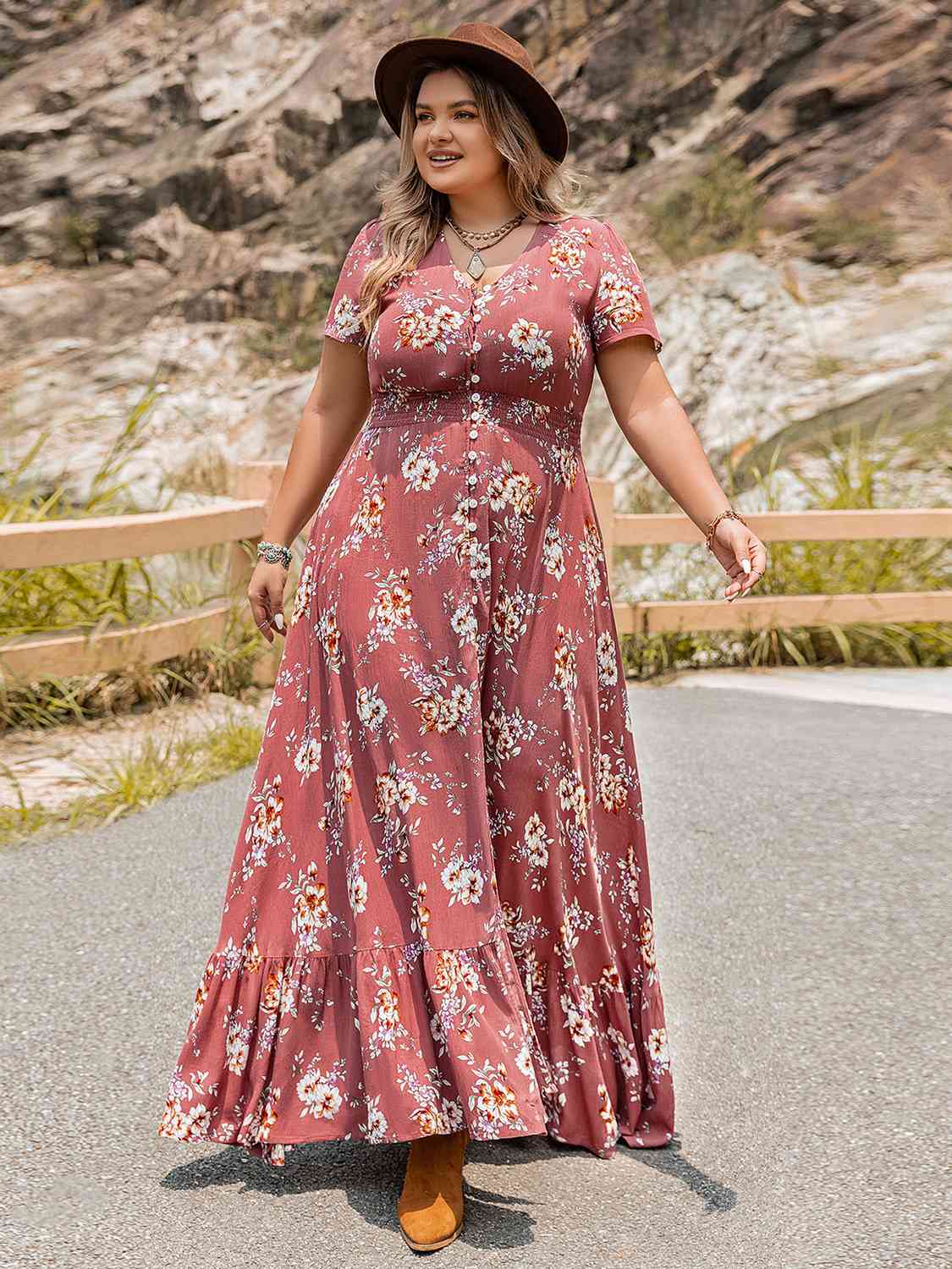 Plus Size Floral Slit Ruffle Hem Dress Shop One Place