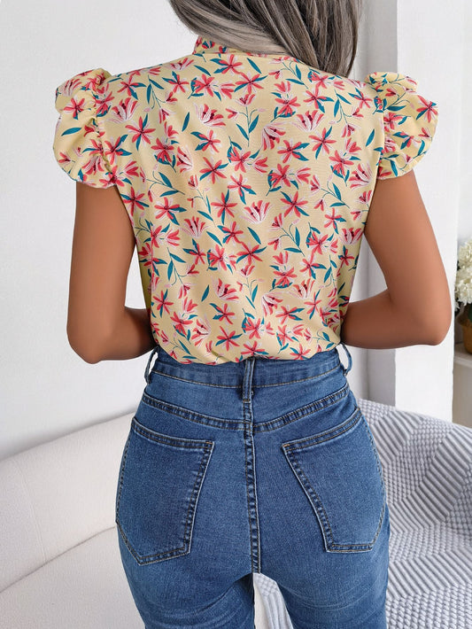 Floral Tie Neck Flutter Sleeve Blouse Shop One Place
