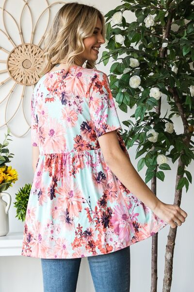 Heimish Full Size Floral V-Neck Short Sleeve Babydoll Blouse Shop One Place