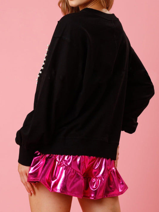 Pearl Trim Round Neck Sweatshirt Shop One Place