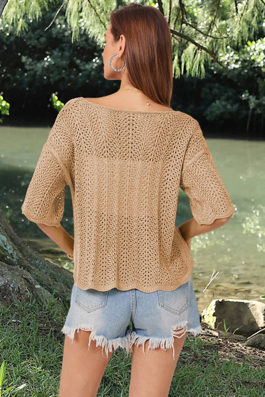 Openwork Round Neck Half Sleeve Knit Top Shop One Place