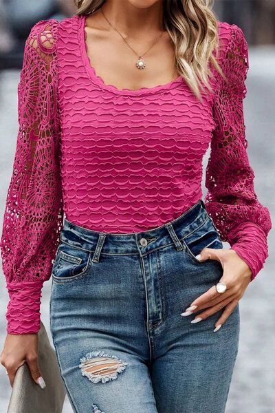 Openwork Scoop Neck Long Sleeve Blouse Shop One Place