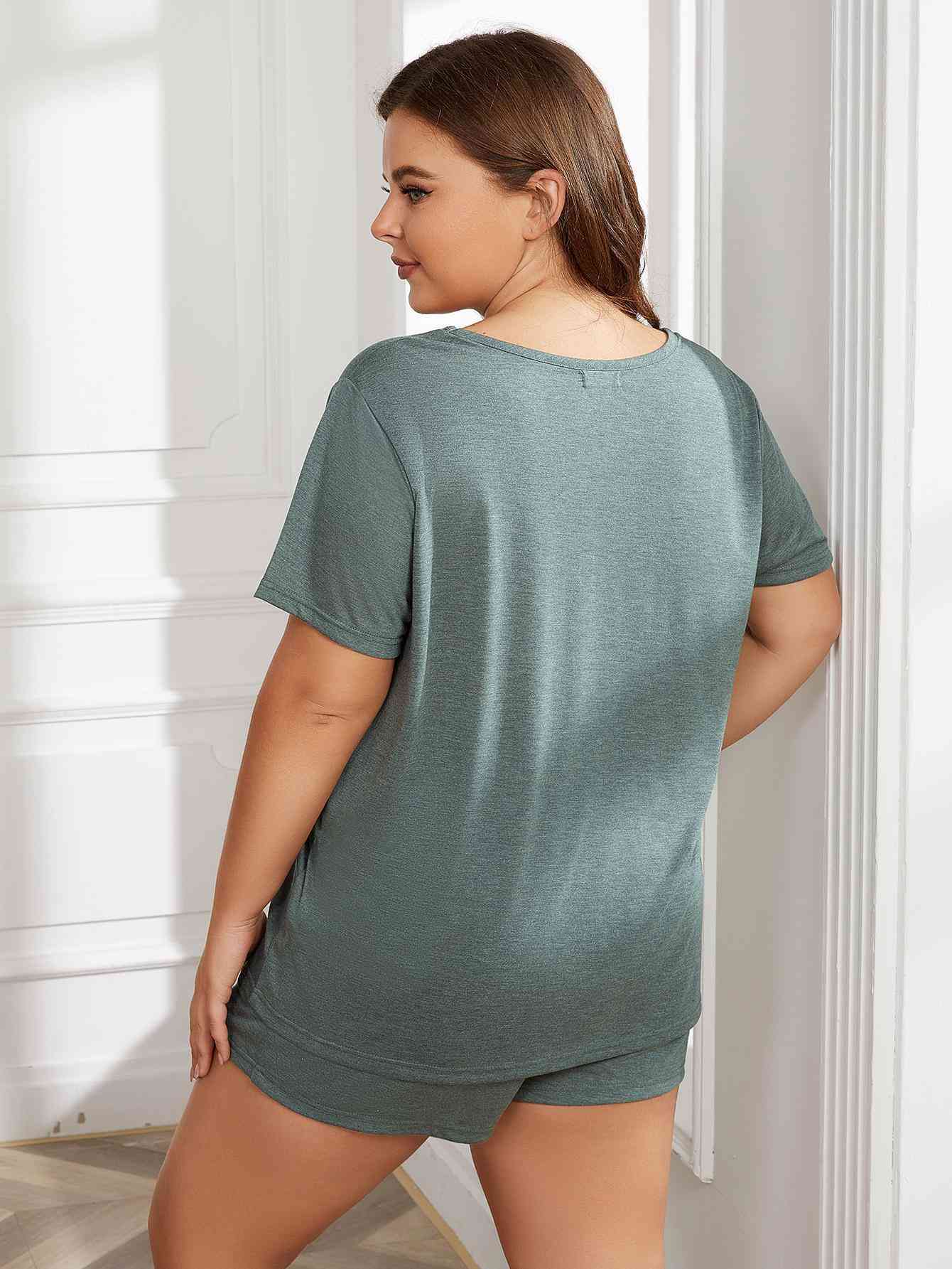Plus Size Round Neck Short Sleeve Two-Piece Loungewear Set Shop One Place
