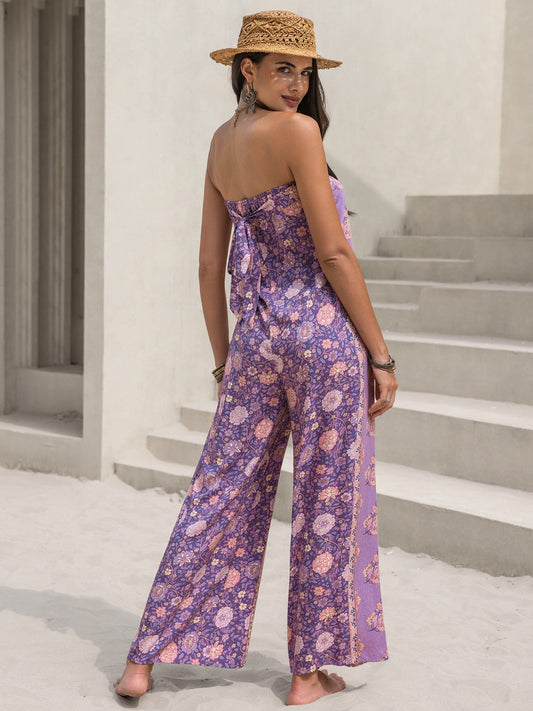 Tied Printed Tube Wide Leg Jumpsuit Shop One Place