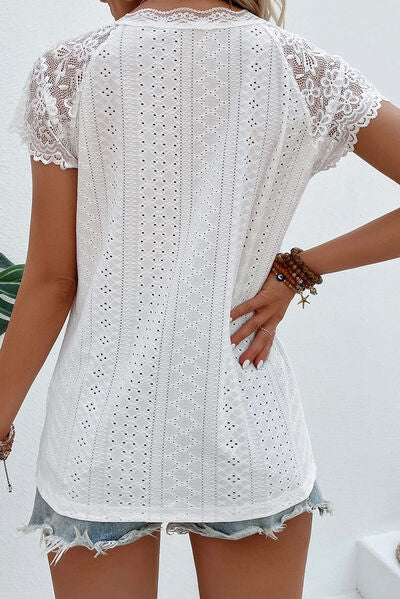 Eyelet Lace Detail V-Neck T-Shirt Shop One Place