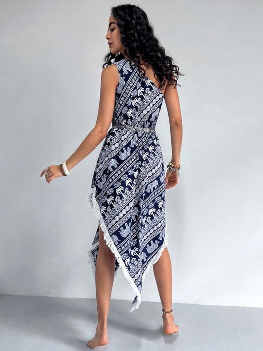 Fringe Printed Single Shoulder Dress Shop One Place