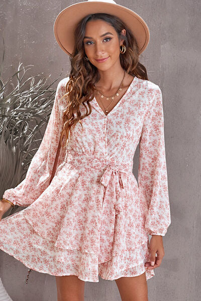 Floral Surplice Balloon Sleeve Layered Dress Shop One Place