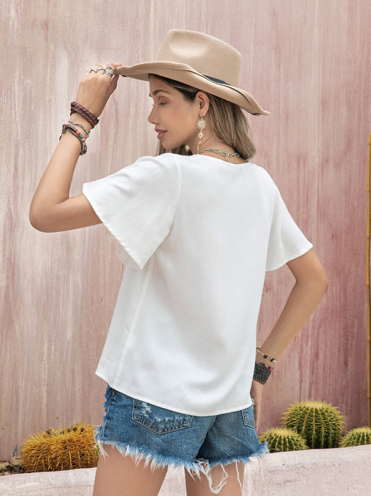 Graphic V-Neck Flutter Sleeve T-Shirt Shop One Place