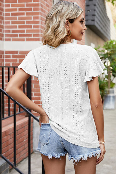Eyelet V-Neck Flutter Sleeve T-Shirt Shop One Place