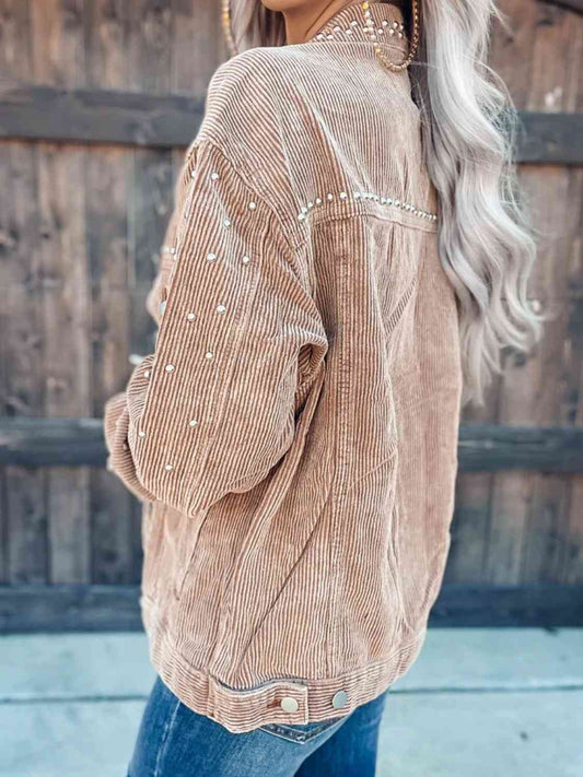 Studded Collared Neck Button Down Jacket Shop One Place