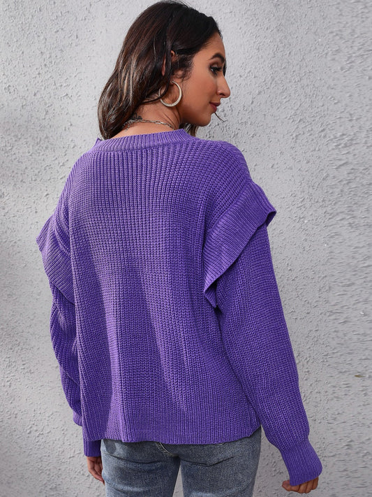 Ruffled Round Neck Dropped Shoulder Sweater Shop One Place