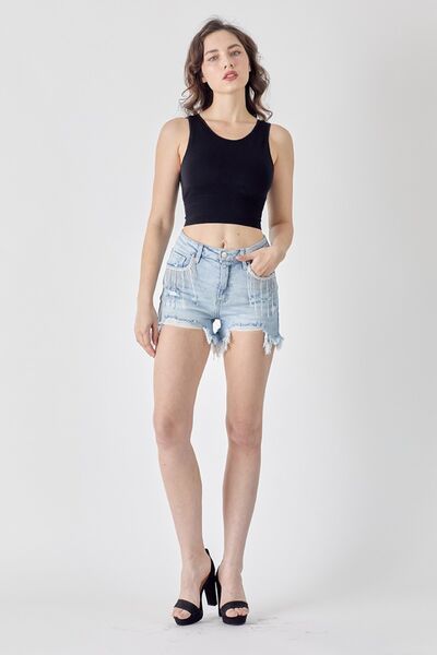 RISEN Frayed Hem Denim Shorts with Fringe Detail Pockets Shop One Place