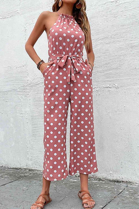 Polka Dot Grecian Wide Leg Jumpsuit Shop One Place