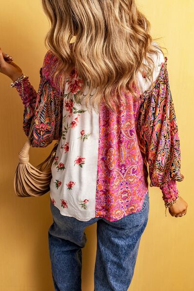 Plus Size Frill Printed V-Neck Long Sleeve Blouse Shop One Place