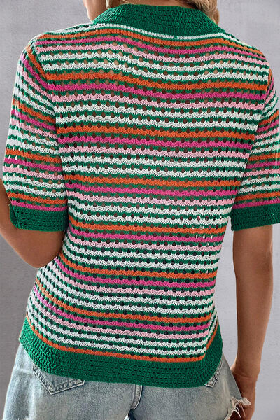 Openwork Striped Short Sleeve Knit Top Shop One Place
