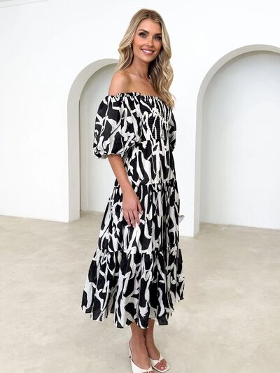 Printed Smocked Off-Shoulder Tiered Dress Shop One Place