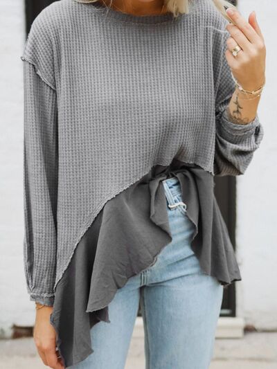 Waffle-Knit Round Neck Dropped Shoulder T-Shirt Shop One Place