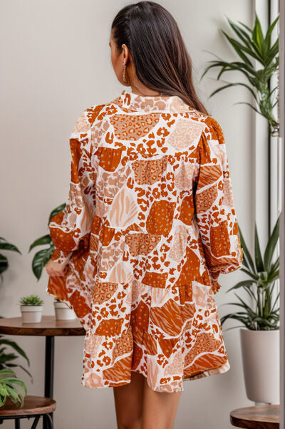 Printed Tiered Half Button Lantern Sleeve Mini Dress Shop One Place