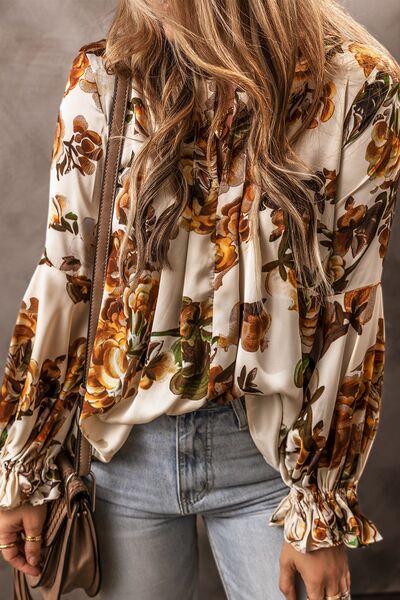 Printed Notched Long Sleeve Blouse Shop One Place